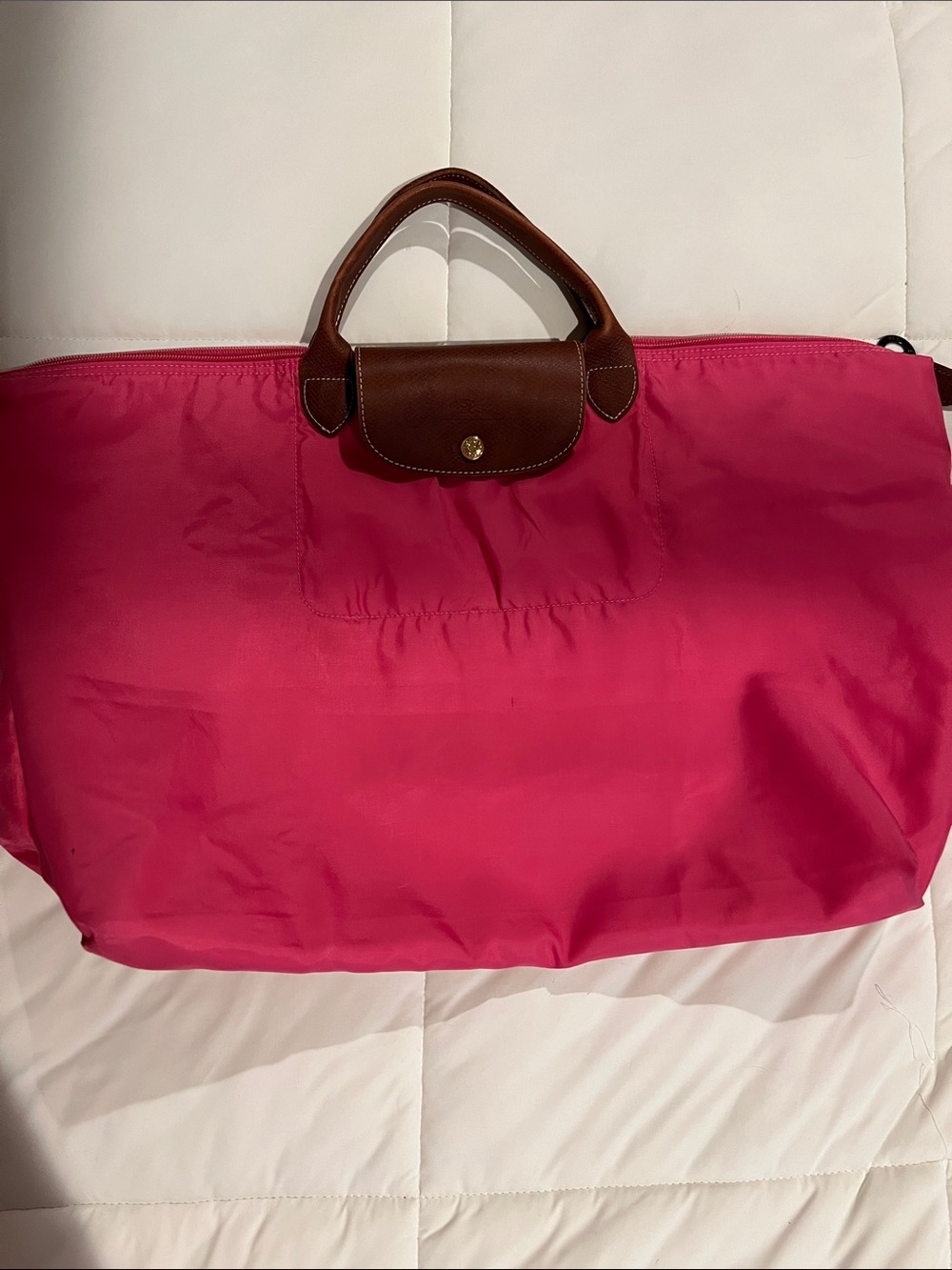 Longchamp Le Pliage L travel Tote. Pink Nylon Tote with Brown Leather Handles